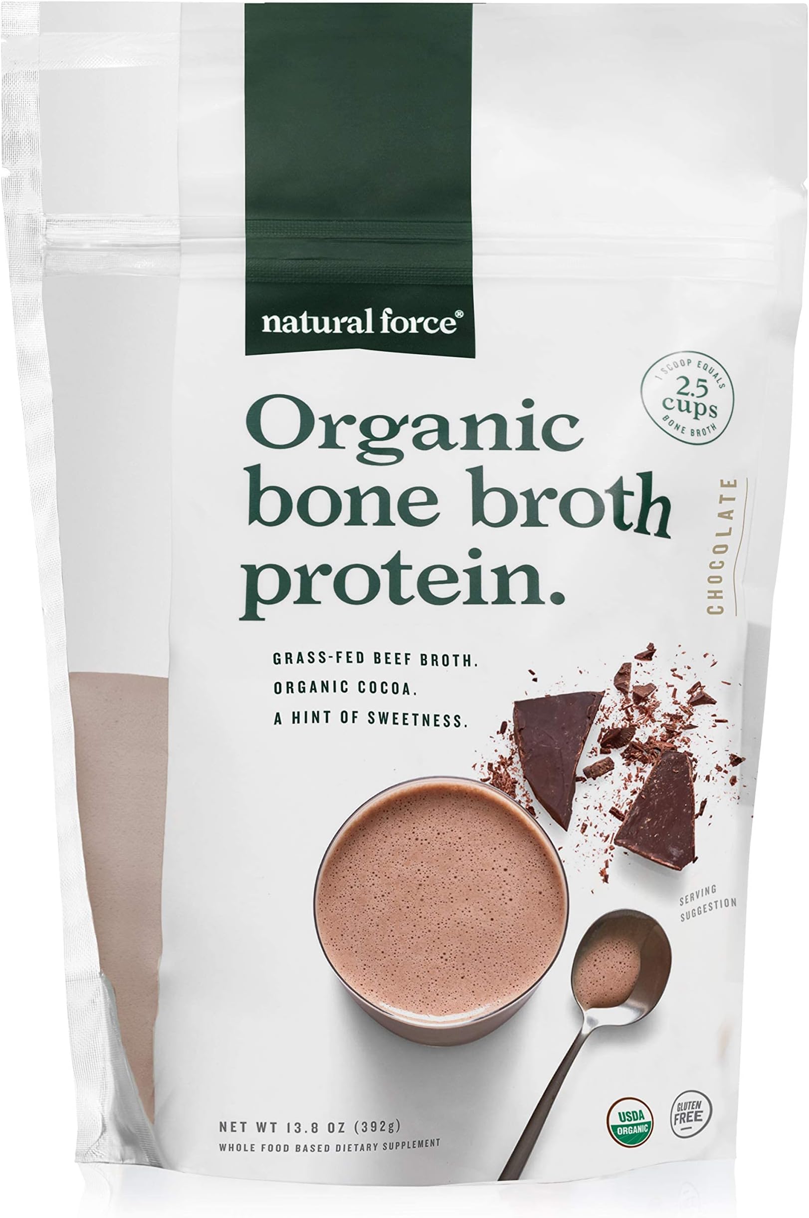 Natural Force - Chocolate Organic Bone Broth Protein Powder, Grass-Fed & Keto Certified, Types I, II & III Collagen, Rich and Creamy, Perfect for Smoothies & Shakes, 13.8 oz