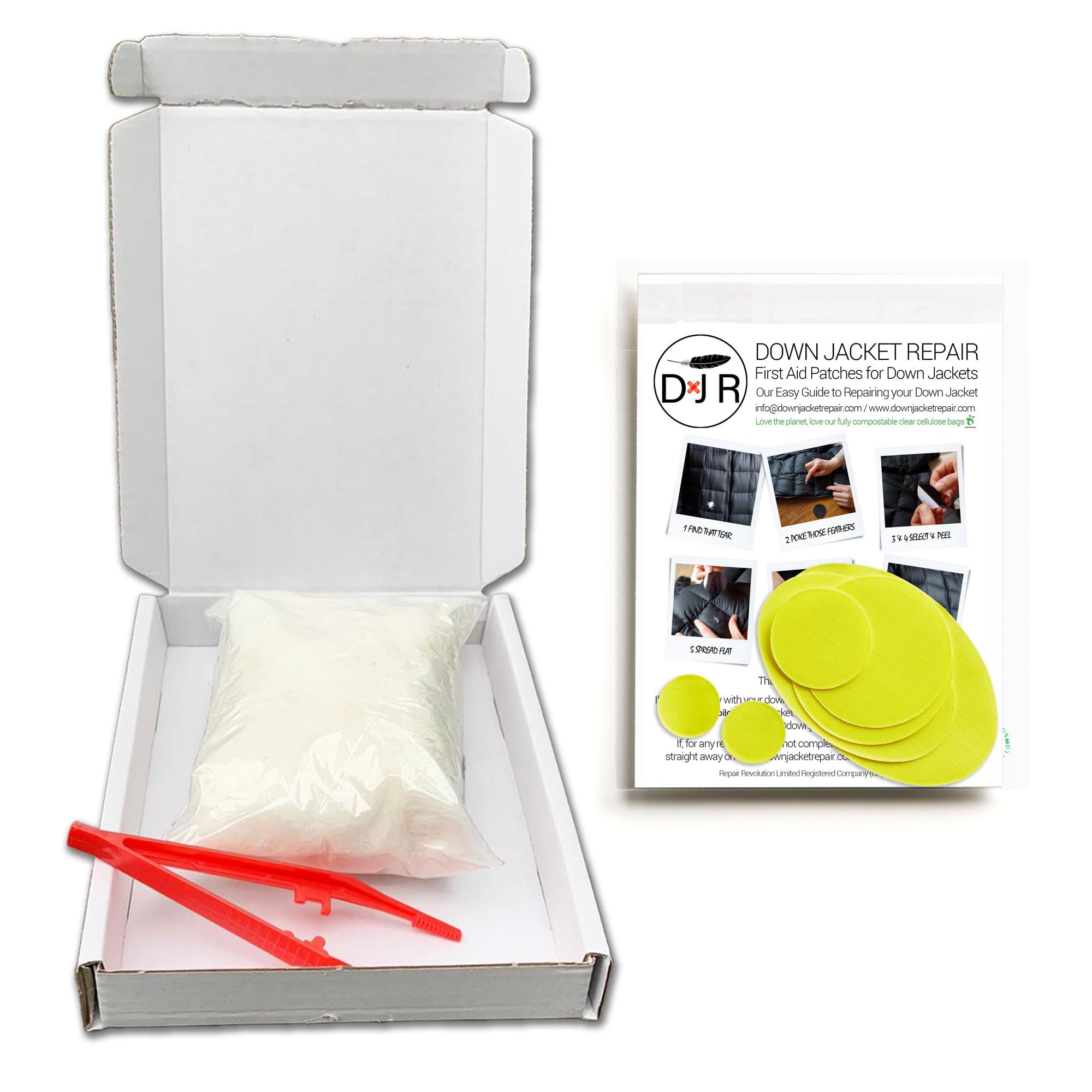 5g 100% Pure Goose Down (Humanely & Ethically Sourced) Bundled with Down Jacket Repair Patch Kit (7 Self-Adhesive, Tear-Resistant & Waterproof Patches) & Insertion Tweezers (Yellow)