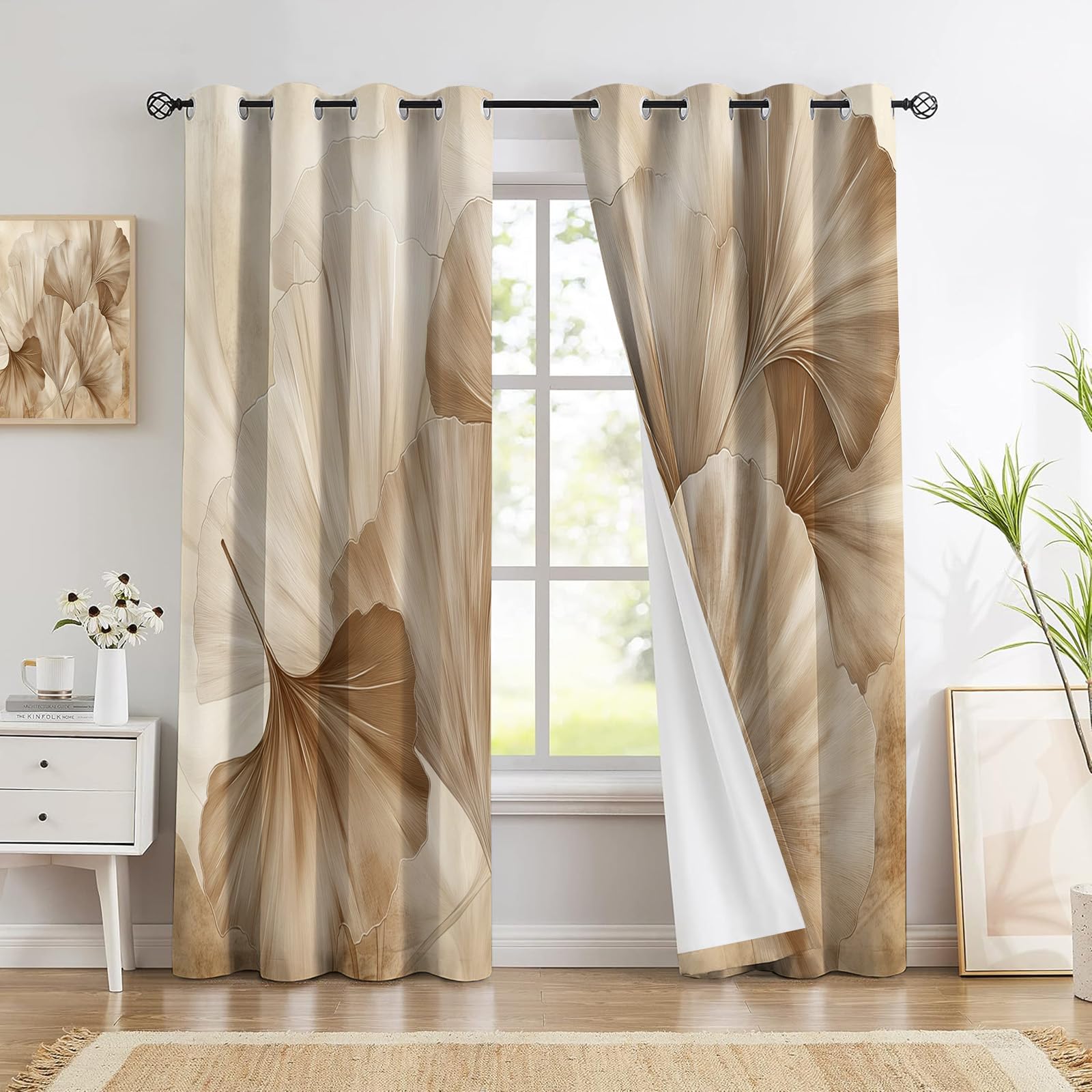 Rideaux feuilles de ginkgo beige en tissu lourd à oeillets