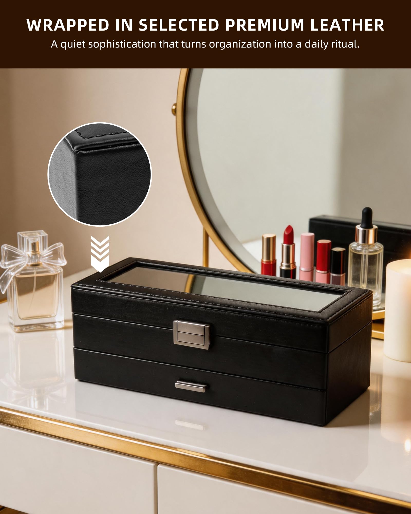 Coffret à Montres Organisateur 2 Niveaux Cuir-PU Homme/Femme, Noir