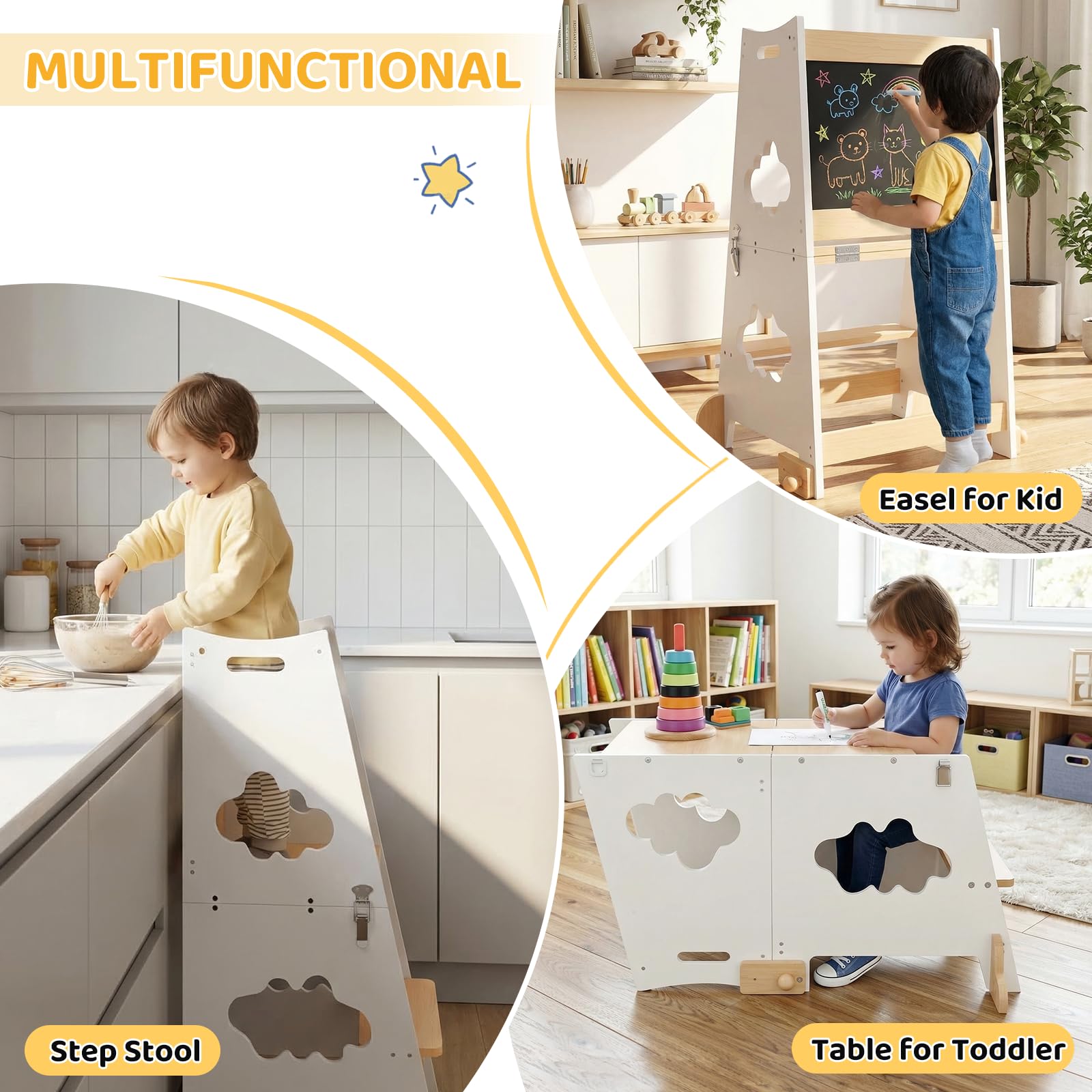 KIDINIX Learning Tower, 3 in 1, Torre di apprendimento Montessori, a partire da 1 anno, con ringhiera di sicurezza e lavagna, pieghevole, per bambini, con funzione tavolo, per cucina, bagno, natura e