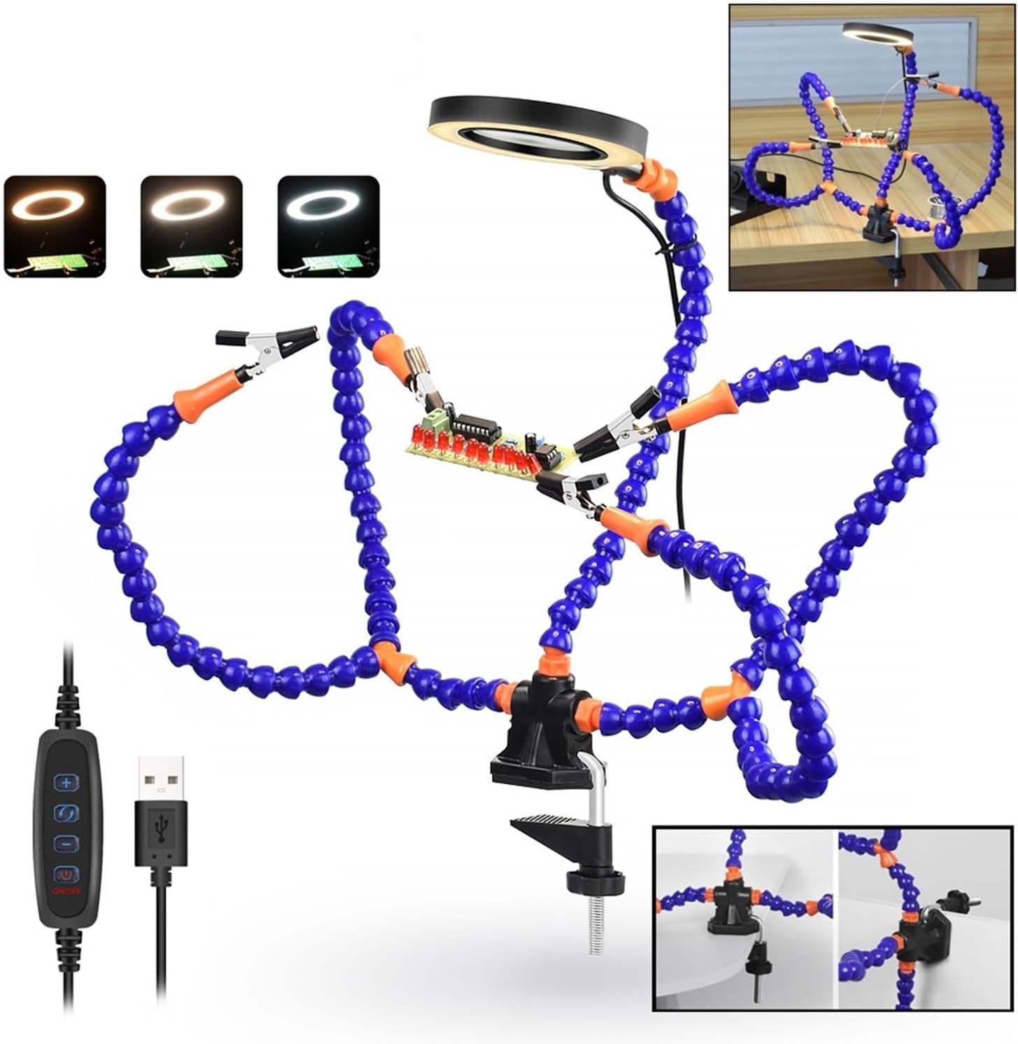 LEAHY The Third Hand Table Clamp Soldering Third Hand with 3X USB Magnifier LED Light 5Pcs Flexible Arms PCB Holder Welding Repair Tool (Color : SN5SB-USB)