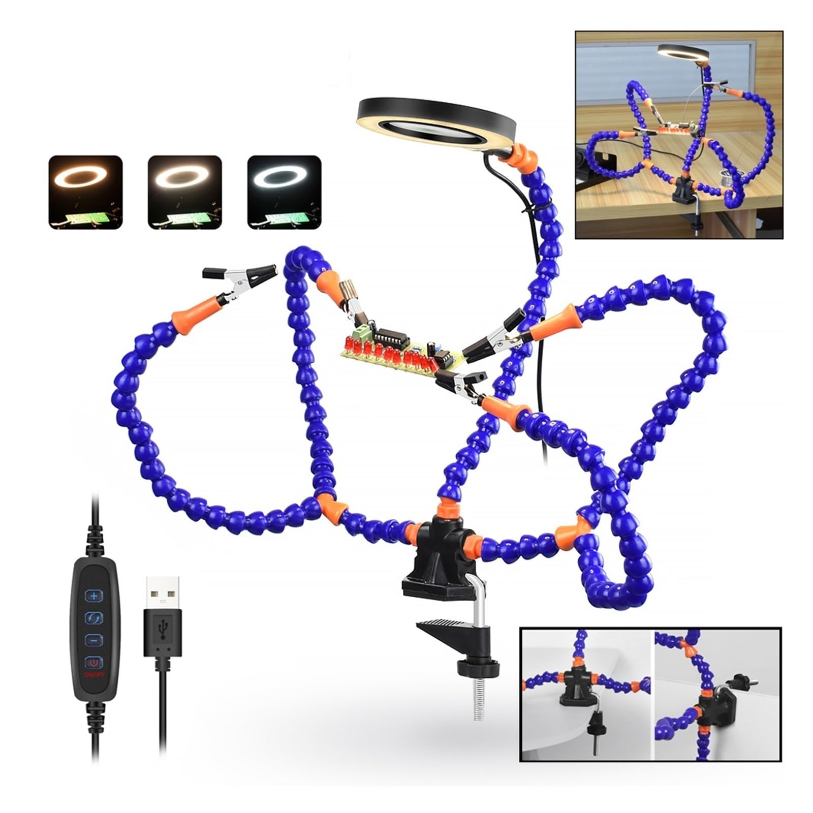 la Tercera Mano Abrazadera de Mesa for soldar de Tercera Mano con Lupa USB 3X, luz LED, 5 uds., Brazos Flexibles, Soporte for PCB, Herramienta de reparación de Soldadura (Color : SN5BK-USB)