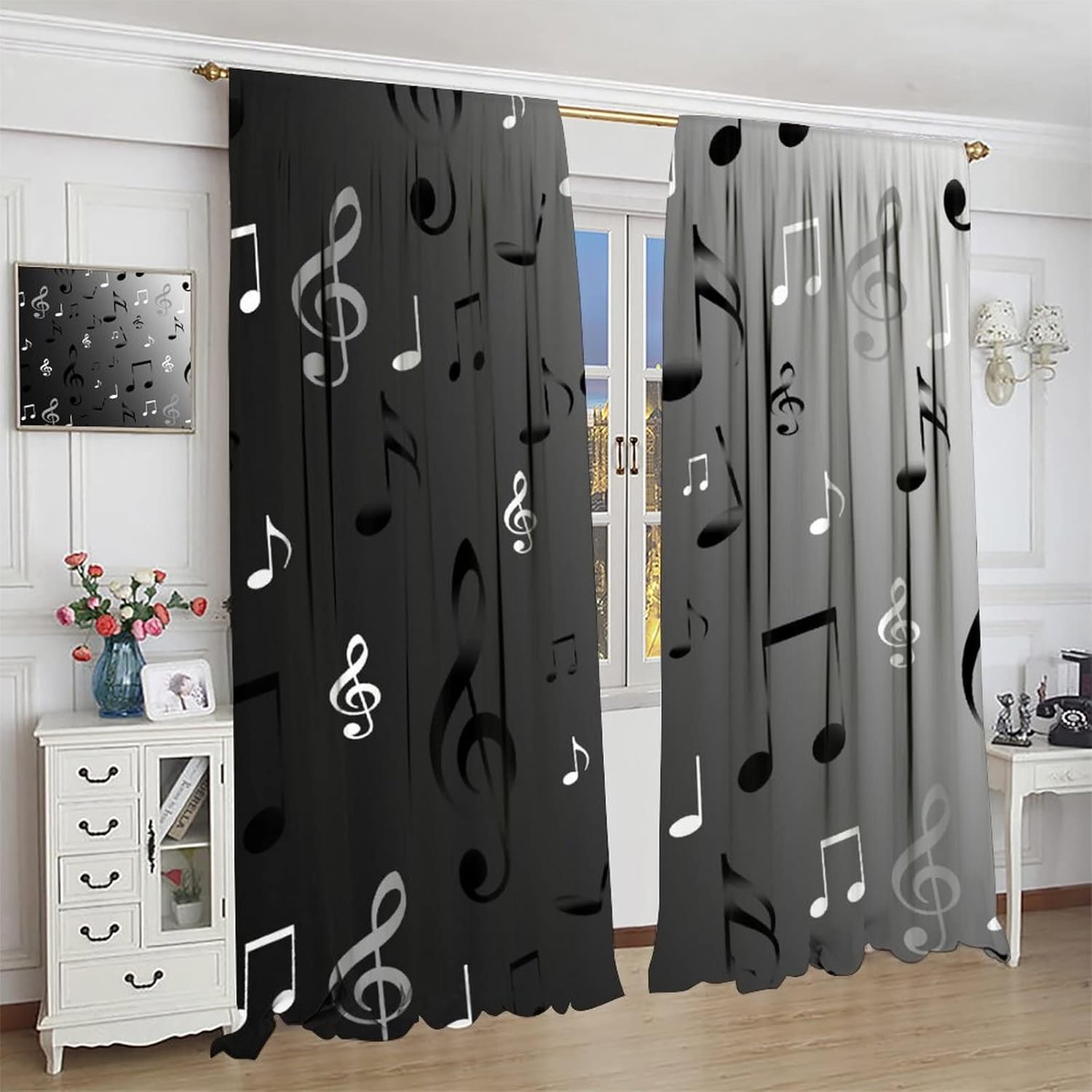 Vintage Musical Notes Theme Blackout Curtains for Bedroom,Rustic Black Grey Symbol Music Design Window Curtains Rod Pocket 2 Panels 72L x 31.5W