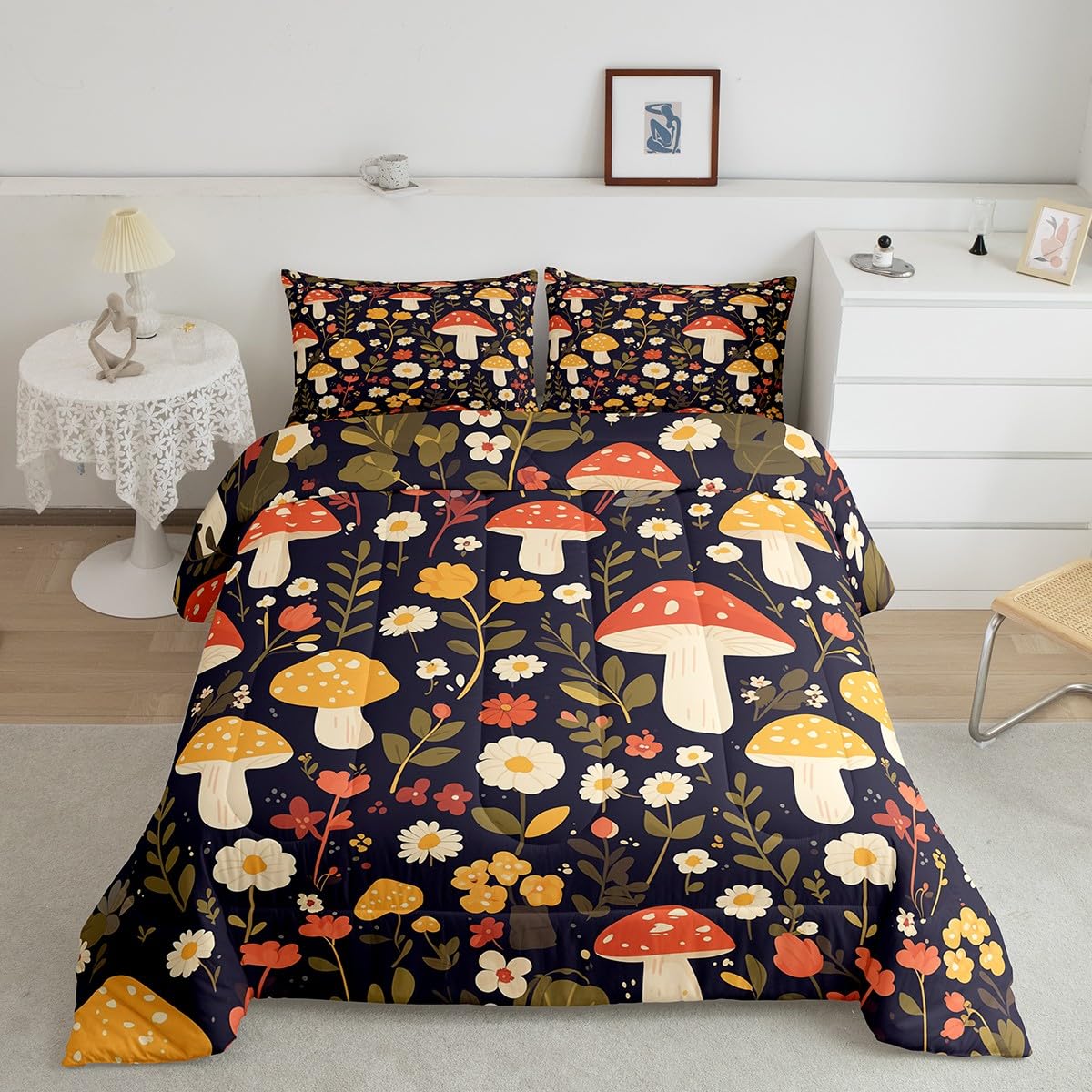 Feelyou Mushroom Comforter Natural Wild Fungus Comforter Set for Kids Boys Girls Botanical Plants Bedding Set Soft Bed Set Twin Size
