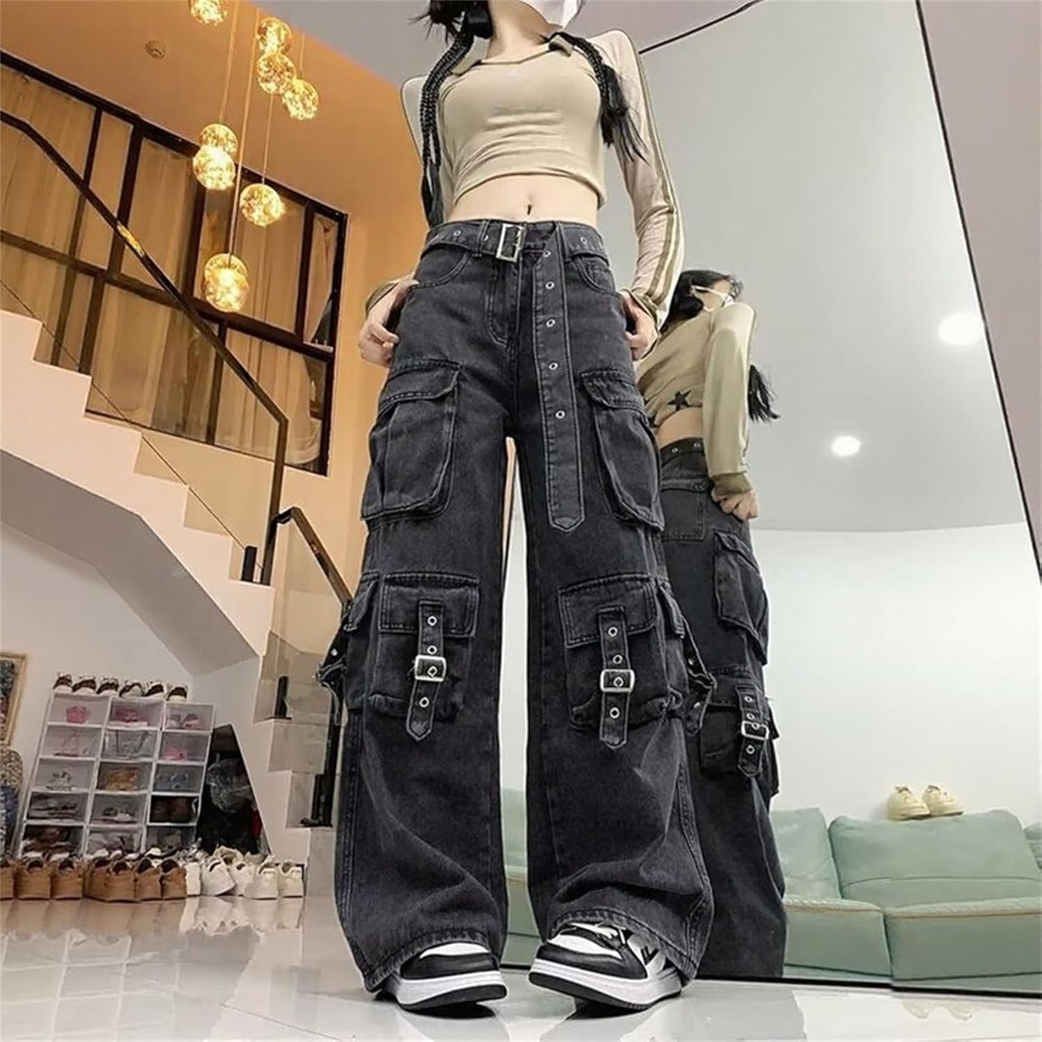 Women Trendy Alt Cargo Jeans Wide Leg Pants - 70s Mid Waist Buckle Lounge Pockets Loose Goth for Travel Going Out