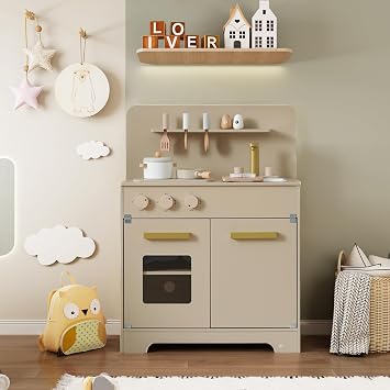 OSJ Pretend Play Kitchen, Wooden Play Set with Cooking Tools, Educational Toy Kitchen, Birthday Gift for Kids, Storage, Mini Kitchen, Toy Kitchen, Baby, Gift Box Included, Gray Pink