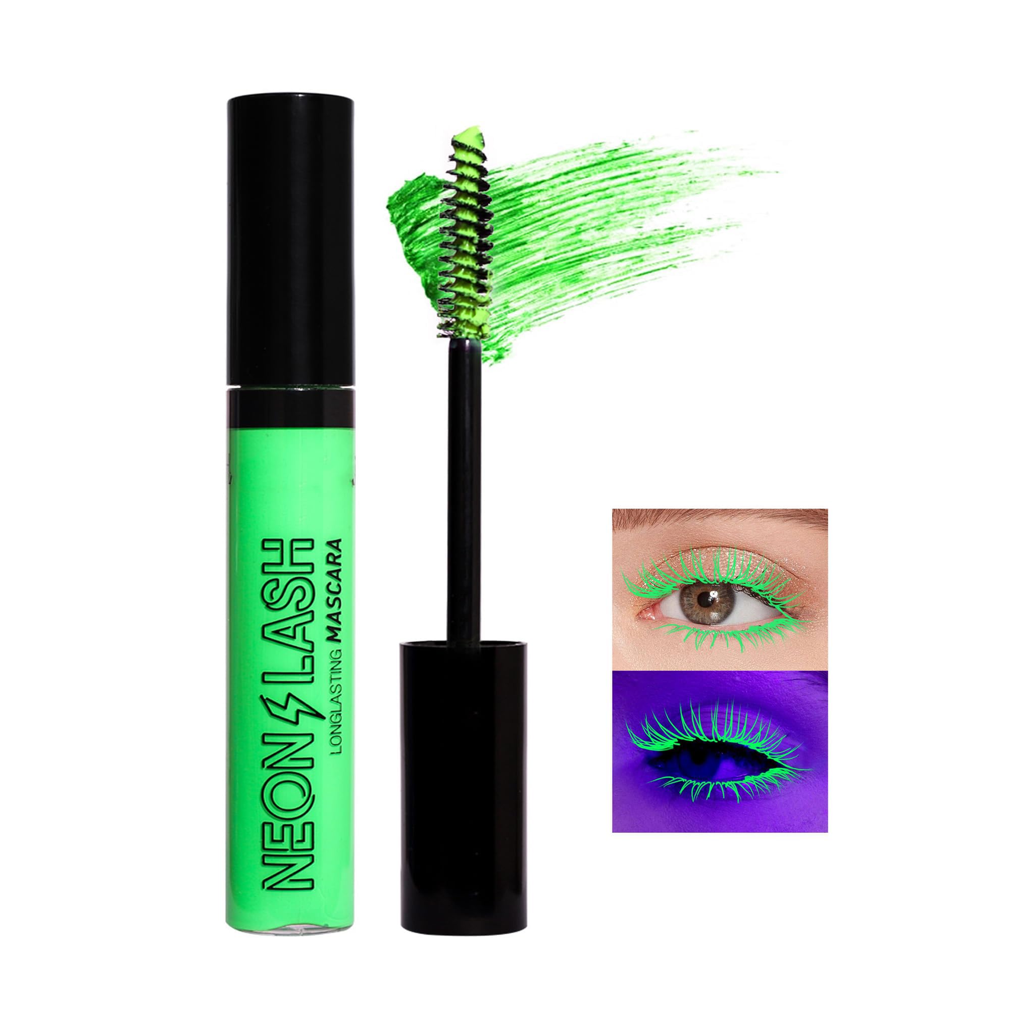Easilydays Neon UV Mascara for Eyelashes, Black Light Reactive Get Noticed with Fluorescent Lashes, Long Lasting, No Clumping, Colorful Bold Halloween Eye Makeup for Cosplay, Party Wedding(#02 Green)