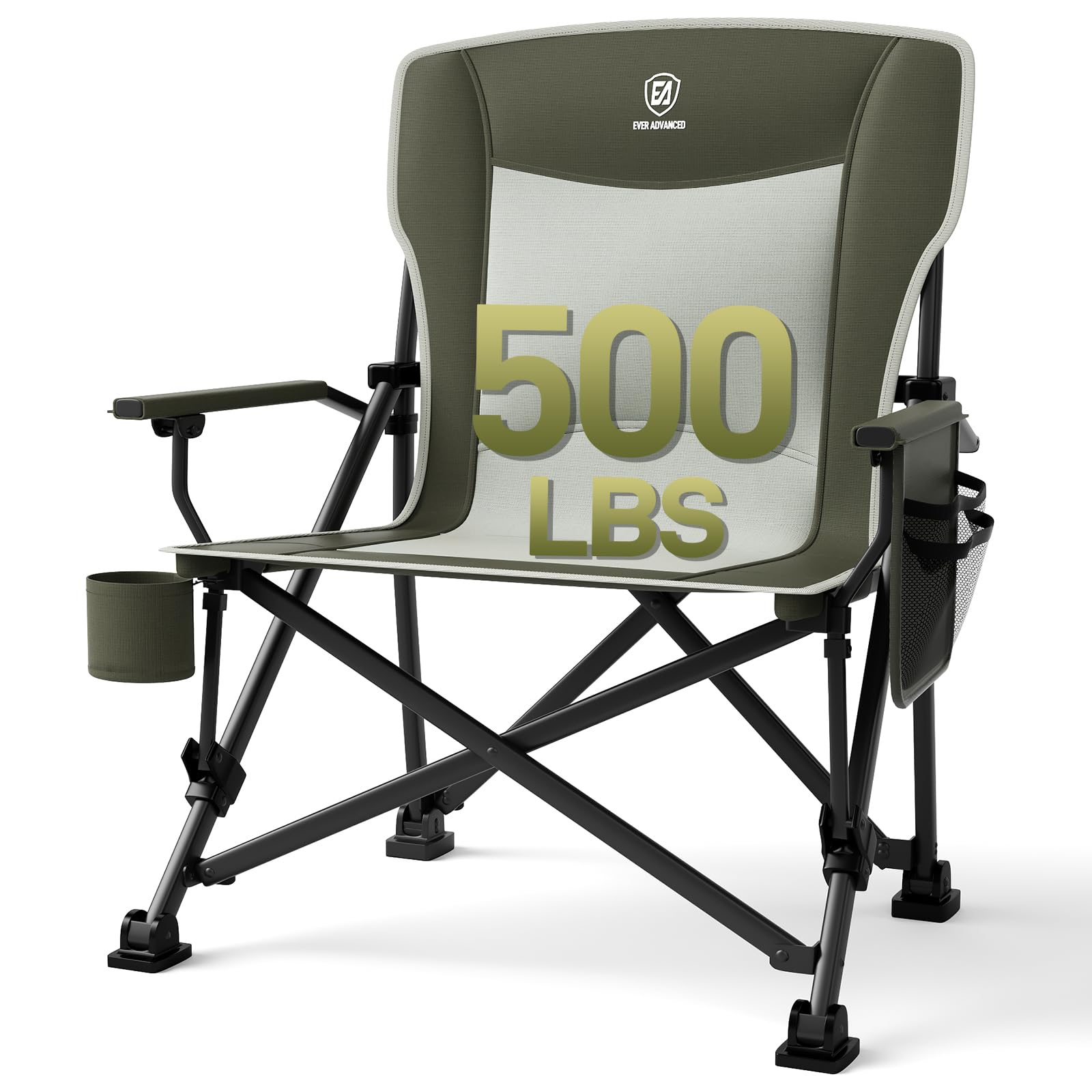 EVER ADVANCED Sedia da campeggio pieghevole, 230 kg, portata XL, 62 cm, larghezza della seduta con tasca laterale, supporto per bevande, sedia pieghevole per campeggio, esterni, balcone, giardino