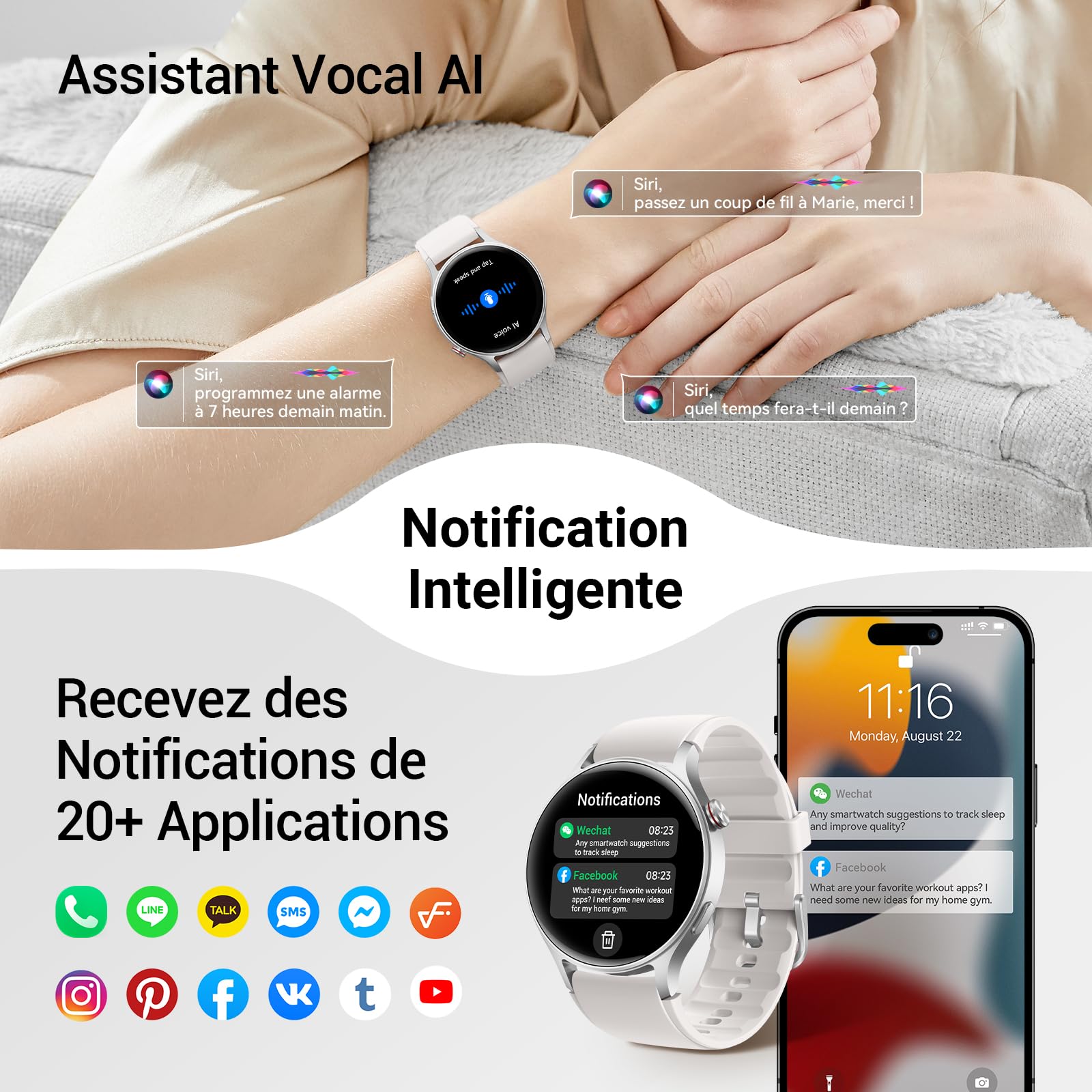 Montre Connectée Femme Homme avec Appel Bluetooth 5.3-1,32" Smartwatch AMOLED pour Android iOS, Montre de Sport Podometre avec 110+ Sports & 3ATM Bracelet Fitness avec Moniteur Sommeil/ SpO2 -Gris