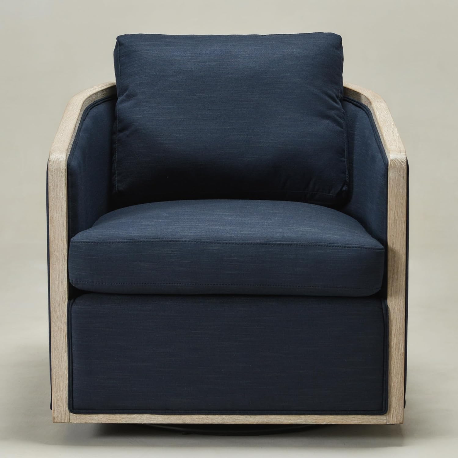 KINWELL 31" W Oak Wood Frame Modern Performance Fabric Swivel Barrel Armchair Mid Century Upholstered Accent Sofa Chair with Pillow Back for Living Room, Lounge & Bedroom, Indigo