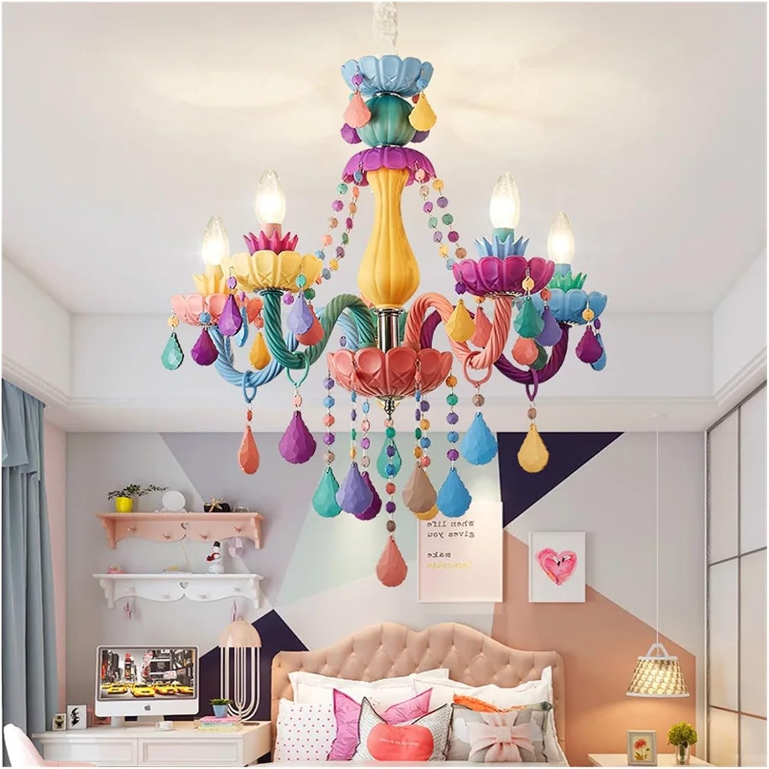 Princess Room Macaron Chandelier Color Room Candle Pendant Lamp European LED Home Atmosphere Lighting Decoration