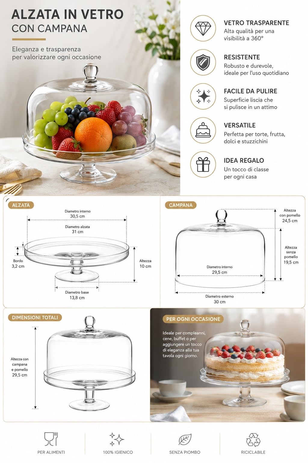 Soporte de Vidrio para postres y Fruta con cúpula de Vidrio cod.AC00390LU cm 26,5h diam.32,8 by Varotto & Co.