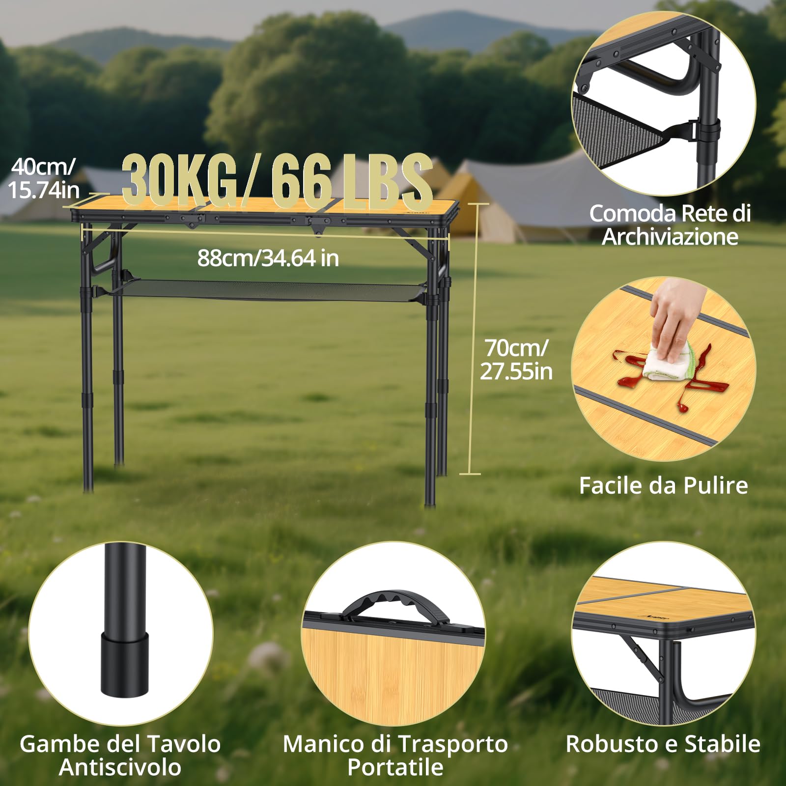 Anbte Tavolo Pieghevole da Campeggio Giardino,3 Regolabile In Altezza Portatile Tavolino da Caffè-87 * 40cm Effetto Legno Tavoli per Picnic/Spiaggia/Camera/Lavoro/Truccarsi