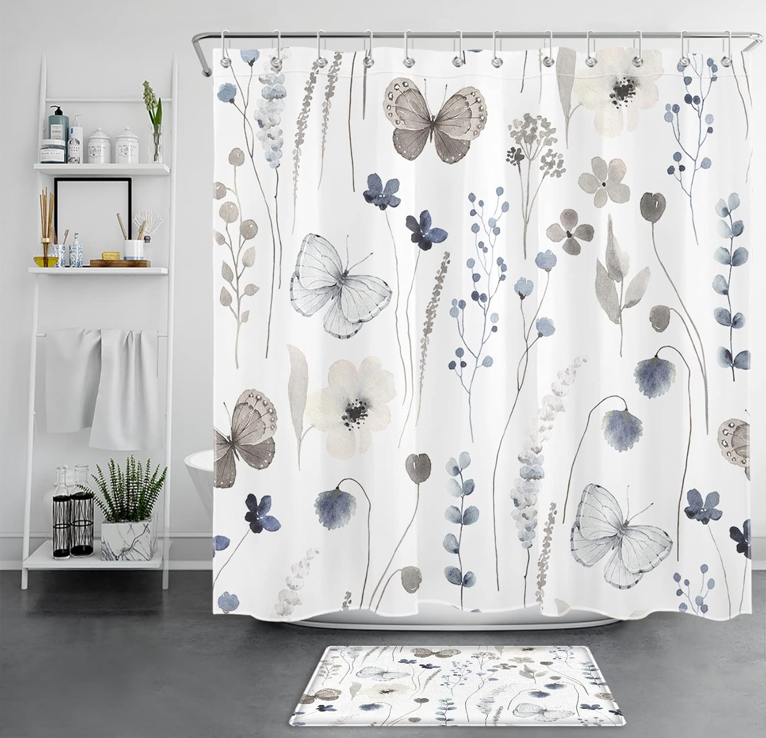 Grey Butterfly Shower Curtain Sets with Rugs Vintage Watercolor Blue Floral and Eucalyptus Leaf Fabric Shower Curtain with Hooks Spring Nature Floral PlantBathroom Curtains Shower Set, 72x72 inches
