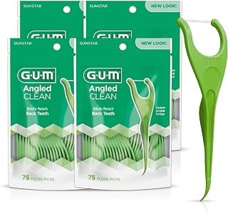 GUM Angled Floss Picks for Tight Teeth - Shred-Resistant Mint Floss, Y-Shaped Easy Reach, 75ct 4-Pack Dental Flossers