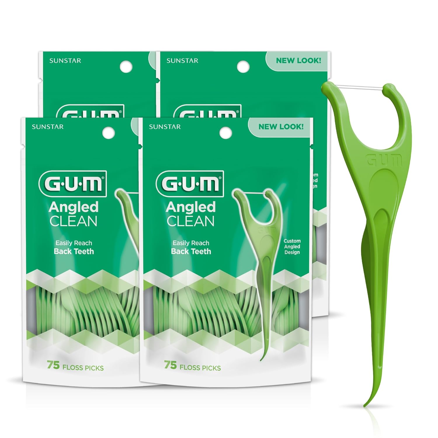 GUM Angled Floss Picks for Tight Teeth - Shred-Resistant Mint Floss, Y-Shaped Easy Reach, 75ct 4-Pack Dental Flossers