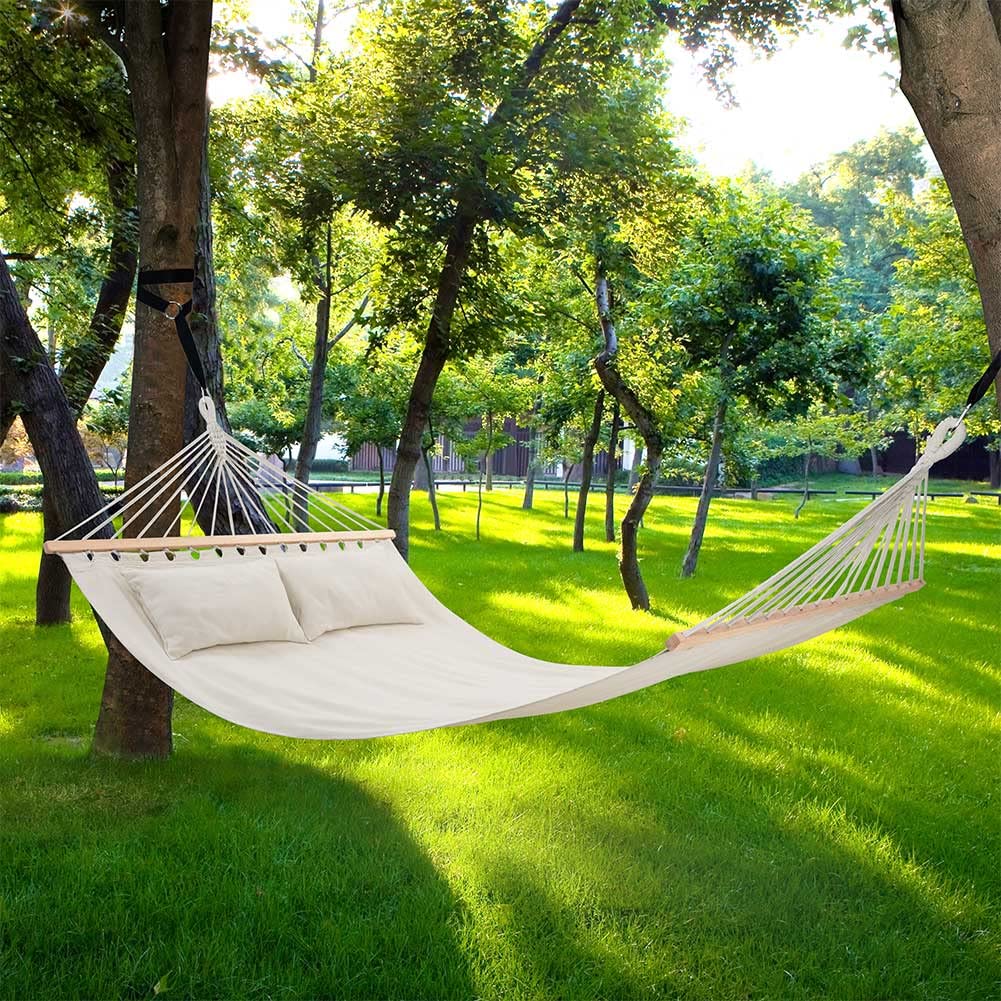 Bakaji Hängematte für den Garten, Doppelbett, 2 Sitzer, 232 x 148 cm, transparente Stangen aus Holz, Bezug aus Baumwolle mit 2 Kissen und Gurten, modernes Design, für Garten, Terrasse, Camping (Beige) Garten