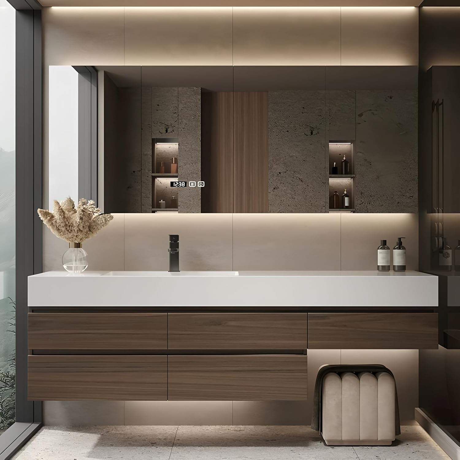 64 inch Bathroom Vanity Combo, Floating Vanity with Makeup Area, Multi-Layer Solid Wood Bathroom Cabinet with Smart Defog Mirror Cabinet and One-Piece Countertop, Single Sink, Wall Mounted