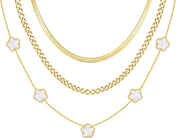 Gold Layered Necklace for Women - 3Pcs 18K Gold Plated Floral Necklaces, Stainless Steel Stackable Cuban Link Chain Non Tarnish Trendy Jewelry, Herringbone Chains Christmas Birthday Gifts