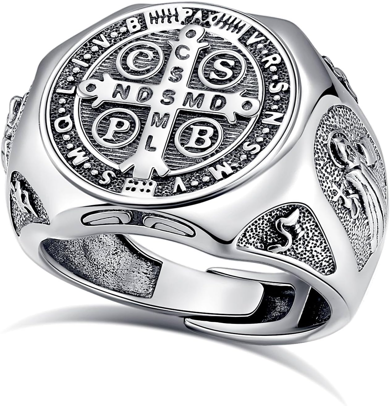 EUDORA S925 Sterling Silver St Benedict Ring San Benito/Virgin Mary Rings for Women Men, Vintage Ankh Cross Ring Saint Benedict Amulet Adjustable Rings Gifts for Women Mens Father Mother