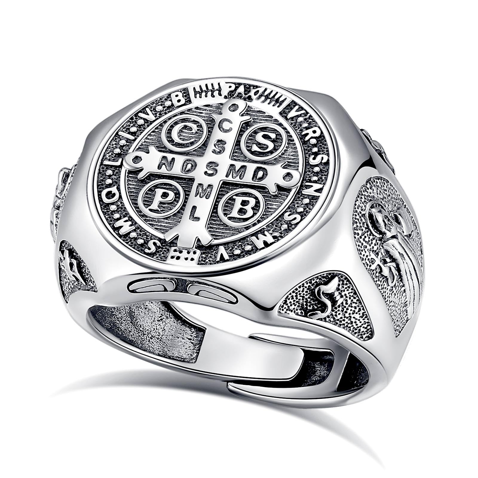 Anillo de Cruz/San Benito/Sello de los 7 Arcángeles/Cruz Ankh Plata de Ley S925 para Mujer Hombre, Ajustable Anillos Corazón de Jesús Abiertos Religión Regalo para Hombre Mujer
