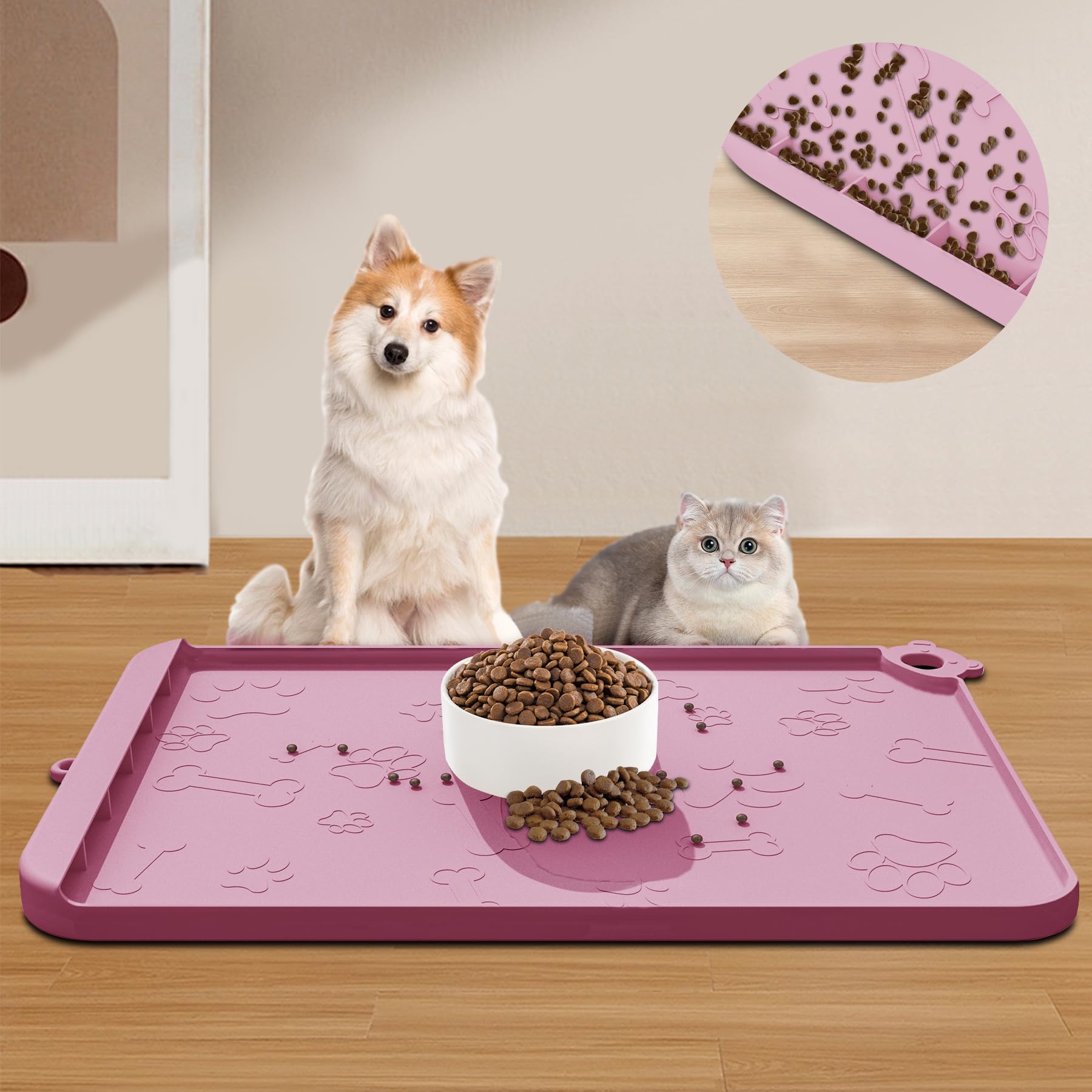 Silicone Dog Food Mat With Residue Collection Pocket - Waterproof Pet Feeding Mat for Cats and Dogs, Raised Edges, Hooks, ...