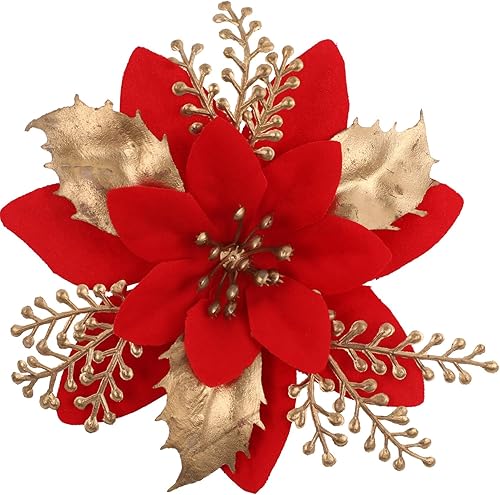 Miniatura 11 de 24 piezas de flores de Pascua doradas de 6 pulgadas para decoraciones de árbol de Navidad - Flores artificiales para adornos de árbol de Navidad con