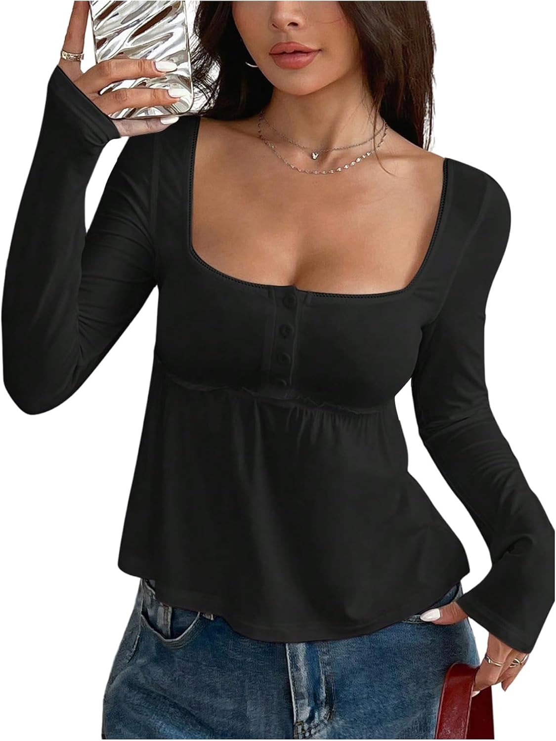SOLY HUX Women's Babydoll Tops Long Sleeve Henley Shirts Cute Square Neck Coquette Peplum Top