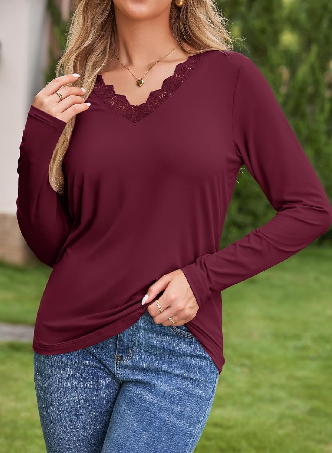 Dokotoo T Shirts for Women Casual Long Sleeve V Neck Lace Trim Tops Lightweight Solid Color Basic Tees Blouses - Image 4