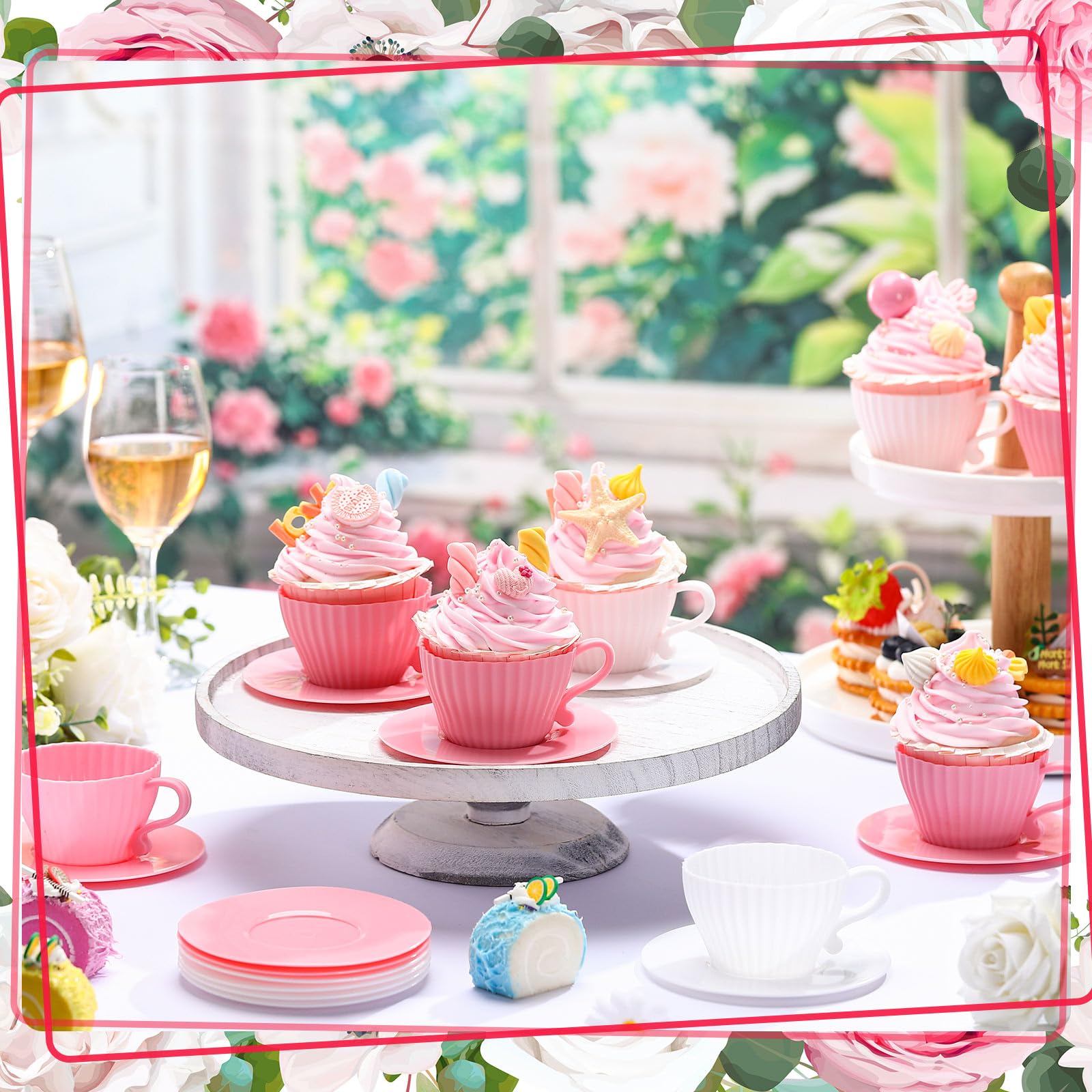 Vesici 12 Silikon-Muffinförmchen zum Backen, Silikon-Cupcake-Formen-Set, Teetassen-Cupcake-Förmchen, wiederverwendbare Muffinförmchen, Teetassen-Cupcake-Backförmchen, 12 Tassen, 12 Untertassen, Weiß