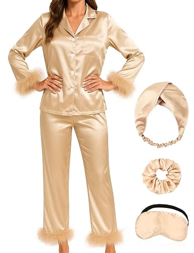 MEEYI Silk Pajamas for Women with Feather Trim Long Sleeve Satin Pajama Set 2 Piece Button Down Pjs Print Sleepwear