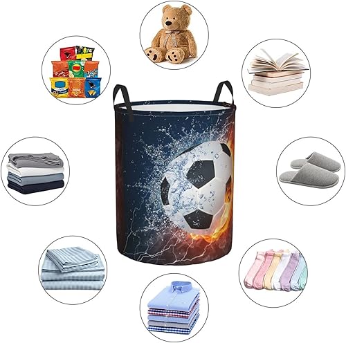 Miniatura 8 de Dujiea Cesta redonda de almacenamiento de balón de fútbol en fuego y agua con asa, plegable, bolsa de almacenamiento de lona sucia para lavandería,