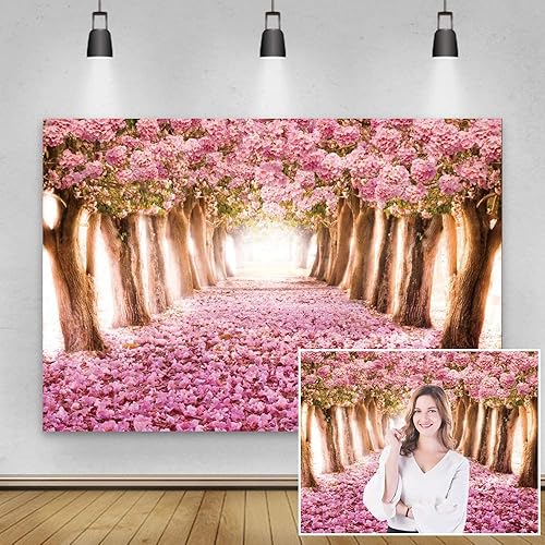 Miniatura 2 de Fondo de fotografía de parque de cerezos en flor, Yeele de 12 x 8 pies, románticos árboles de flores rosadas, fondo de túnel de pétalos caídos,