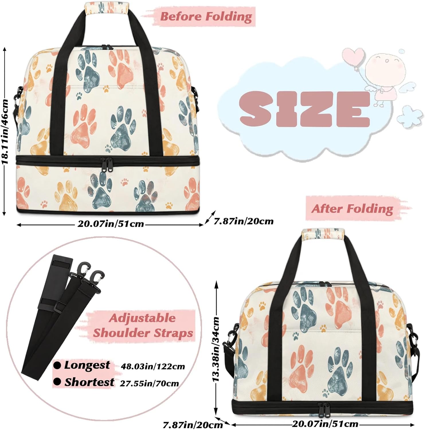 Paw Print Colorful Cute Travel Duffel Bags for Women & Men Large Sports Gym Bags Foldie Weekender Overnight Bag Carry On Tote Bag With Shoe Compartment Personal Item Bag for Travel Sports Gym