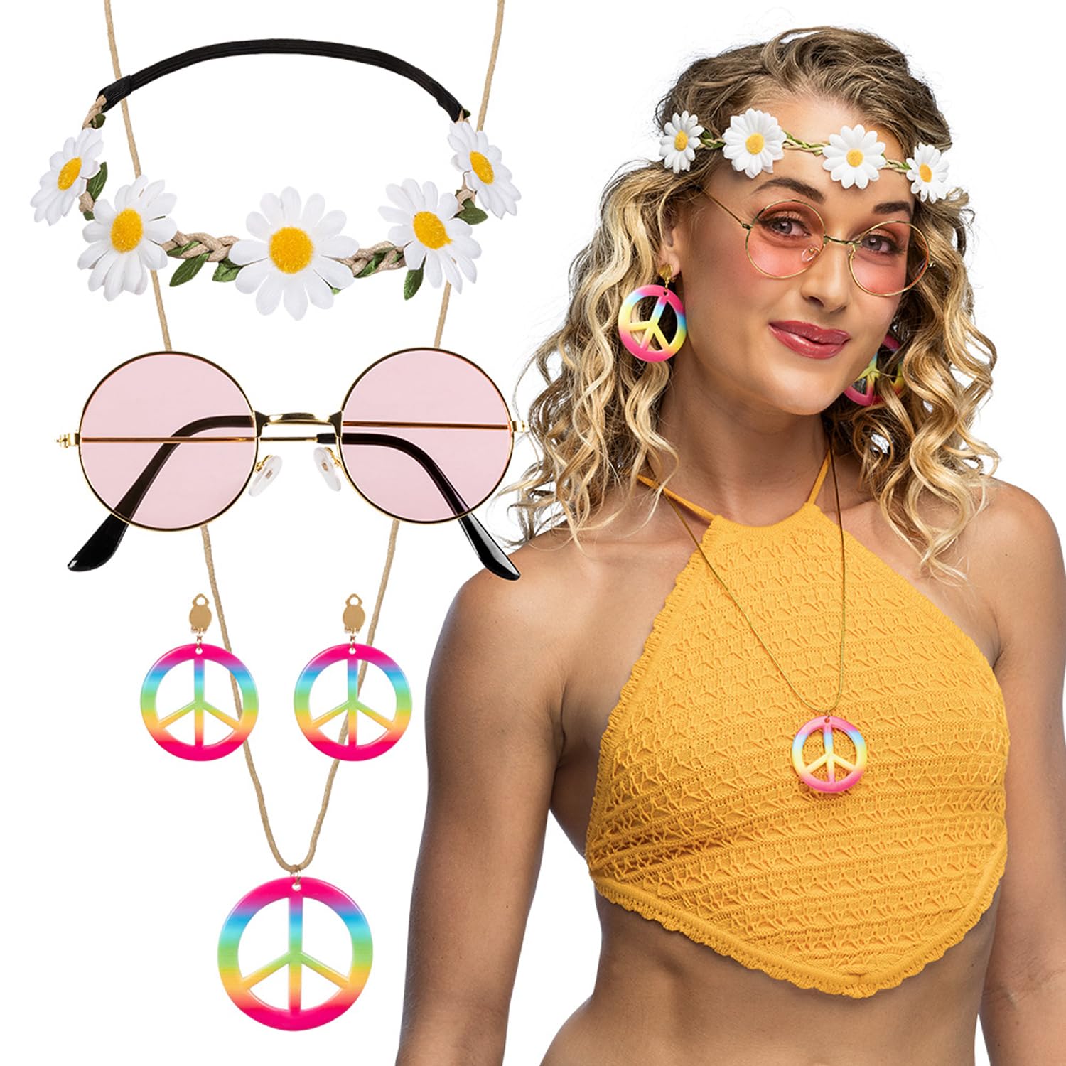 Boland 44551 - Hippie Deluxe Costume Set, Headband, Party Glasses, Earrings and Necklace, Flower Power, 70s, Carnival, Theme Party
