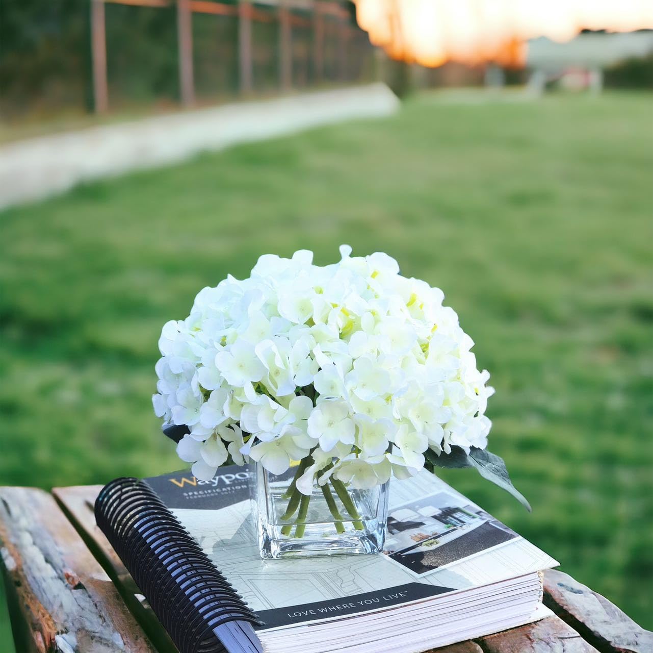 ENOVA HOME Artificial Hydrangea Silk Flowers Arrangements in Cube Glass Vase for Home Wedding