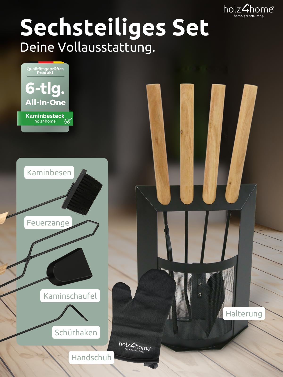 holz4home® Kaminbesteck 6-tlg. Schwarz mit Holzgriff inkl. Ofenhandschuh hitzebeständig I Kaminset Kamingarnitur Ofenbesteck Schürhaken Besen Ascheschaufel