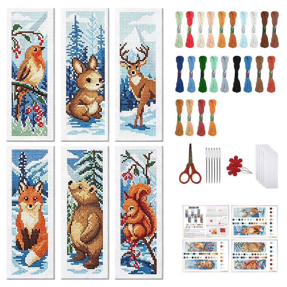 FREEBLOSS 6 Set Cross Stitch Bookmark Kit Winter Animals Pattern Stamped Cross Stitch Kit 11CT Embroidery Kits with Instructions for Beginners Adult 20x6cm/8x2.4inch