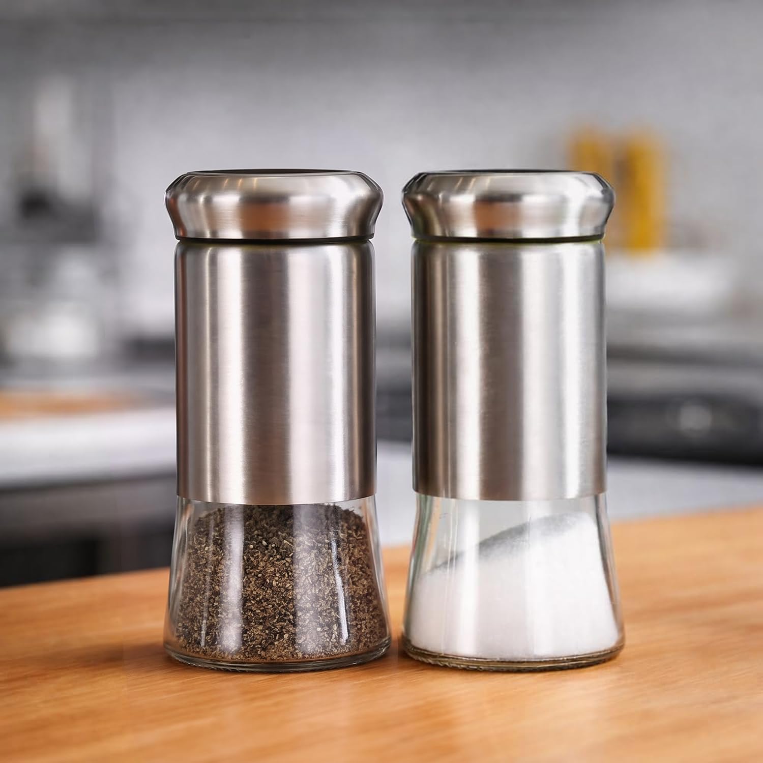 Stainless Steel Salt and Pepper Shaker Set, Pack of 2 | Moisture-Proof Lids, Clear Glass Bottom, Easy Refill Spice Dispensers for Kitchen, Dining Table and Professional Chefs | Premium stainless steel and glass construction with easy-refill screw lids for salt, pepper and everyday seasonings.-image-34