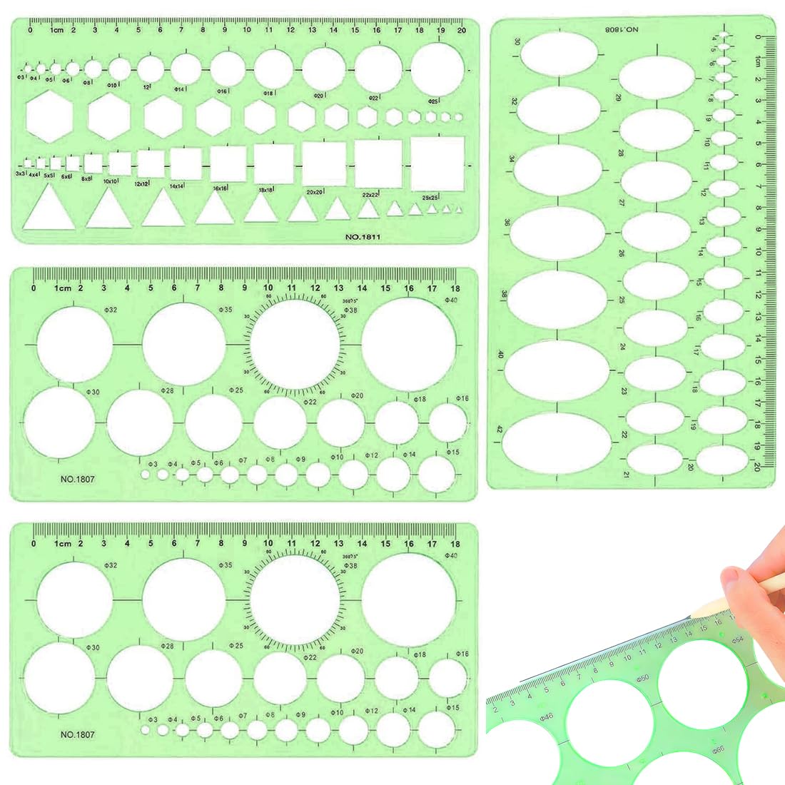 Plantillas Para Dibujar,Plantilla Circulos,Reglas Dibujo Tecnico,Plantilla Elipses Isometricas,para Medir Reglas Círculo Geométrico Plantillas de Dibujo 4pcs(Verde Transparente)