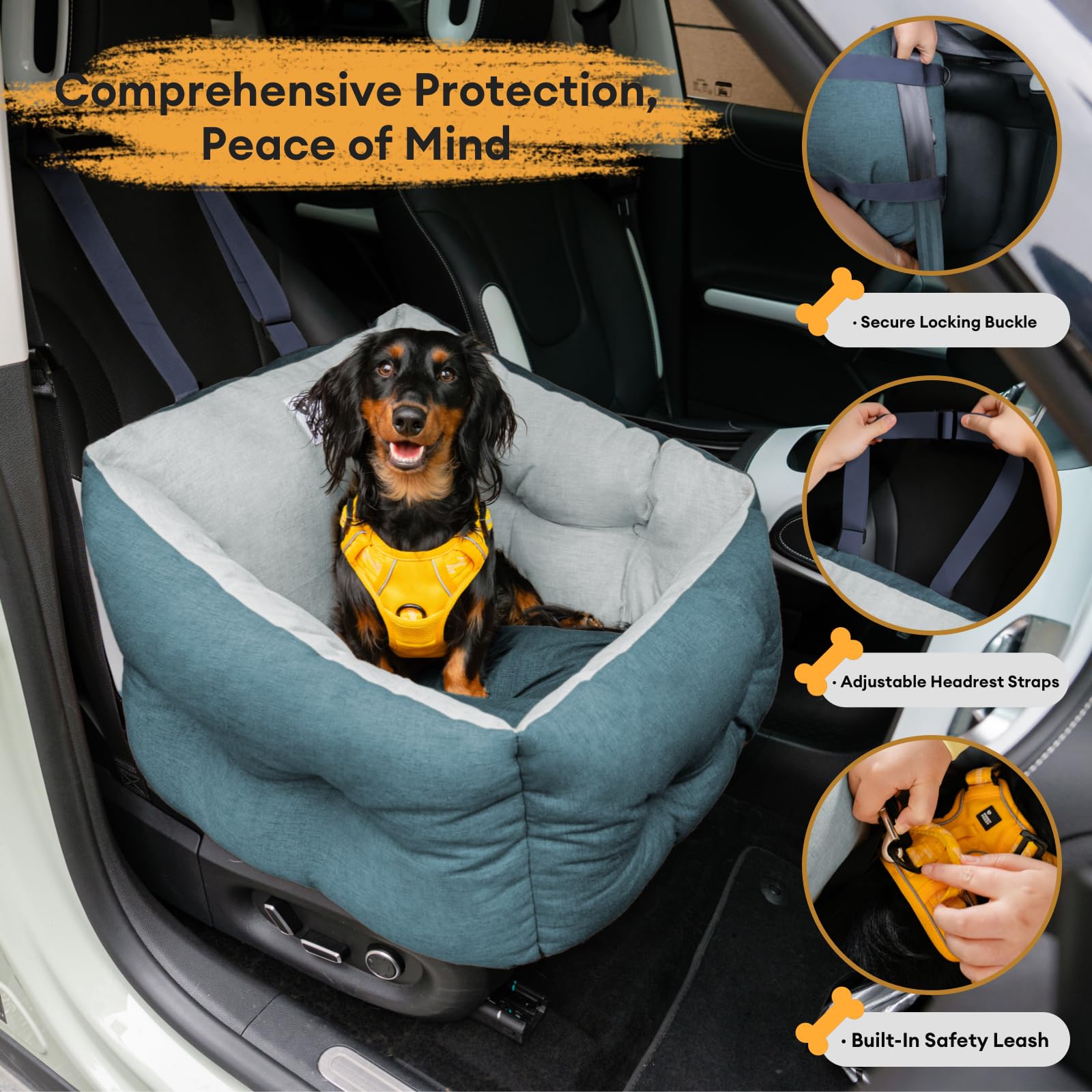 FUNNY FUZZY Dog Car Booster Seat for Small/Medium Dogs Up to 39lbs – Waterproof Fabric, Non-Slip Base, Safety Leash, Fully Detachable & Machine Washable Cover (Blue) - image 2