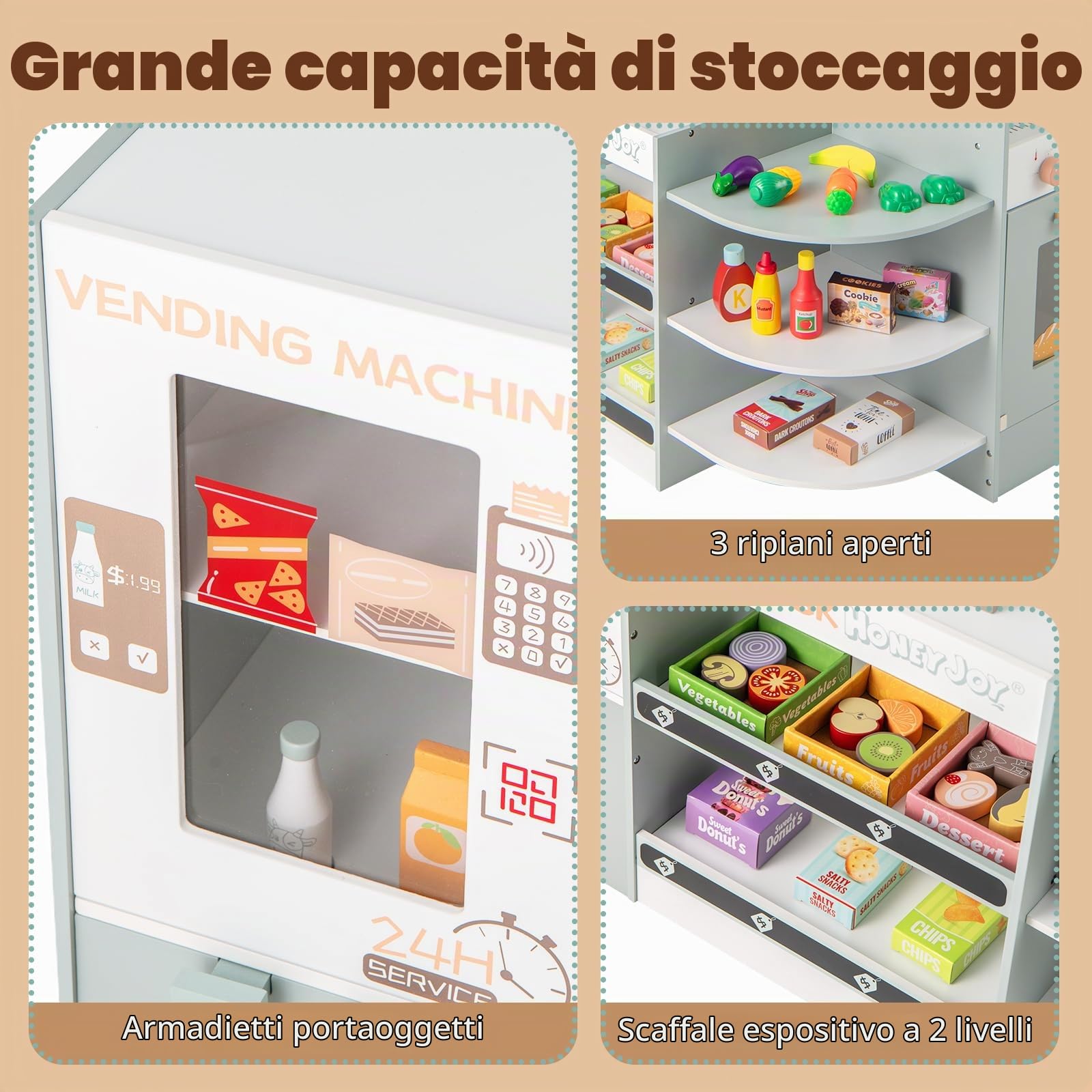 HOMASIS Supermercato Giocattolo per Bambini in Legno, Negozio Giocattolo per Bambini con Cassa Registratrice, Distributore Automatico e Macchina da Caffè per Bambini dai 3+ Anni