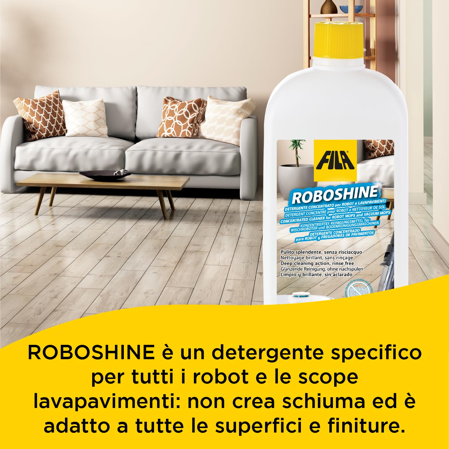 Fila Surface Care Solutions, ROBOSHINE, Detergente per Tutti i Robot Aspirapolvere Lavapavimenti e Lavasciuga Pavimenti, Fino a 100 Lavaggi, Detersivo Pavimenti per Ogni Tipo di Superficie, 1L
