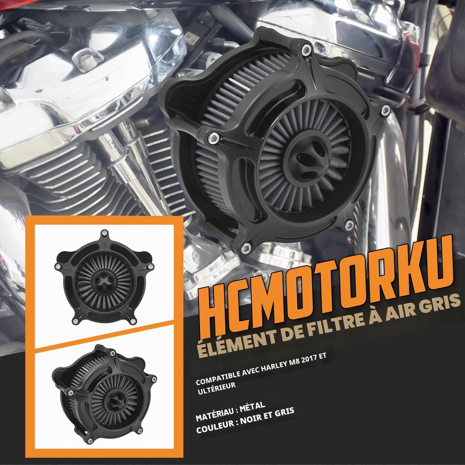 Filtre à air de moto compatible avec Harley m8 Softail 2018-2024 et m8 Touring et Trike 2017-2024 (noir mat + gris)