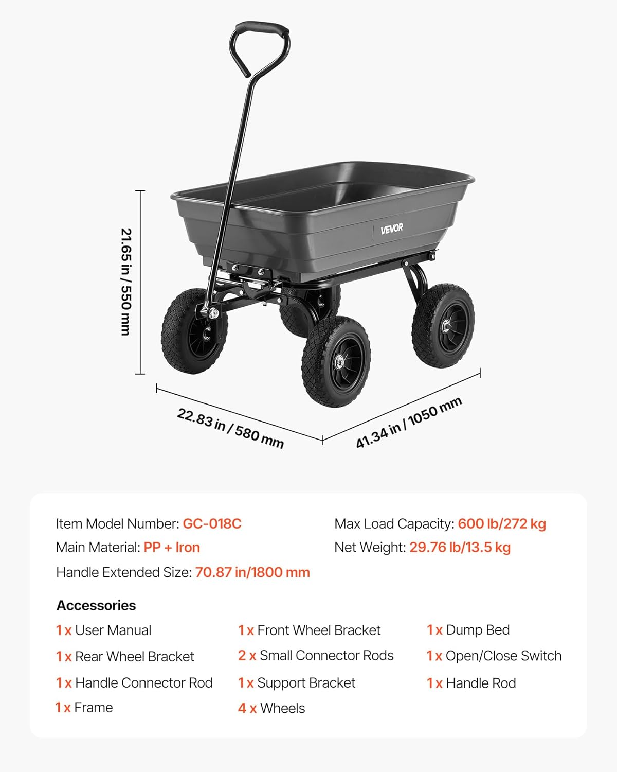 VEVOR 4 Cu.Ft 600LBS Poly Garden Cart Dump Wagon, 4 Wheel Heavy Duty Wheelbarrow with 10" Flat Free Tires, Yard Cart Dump Wagon with Quick-Release System