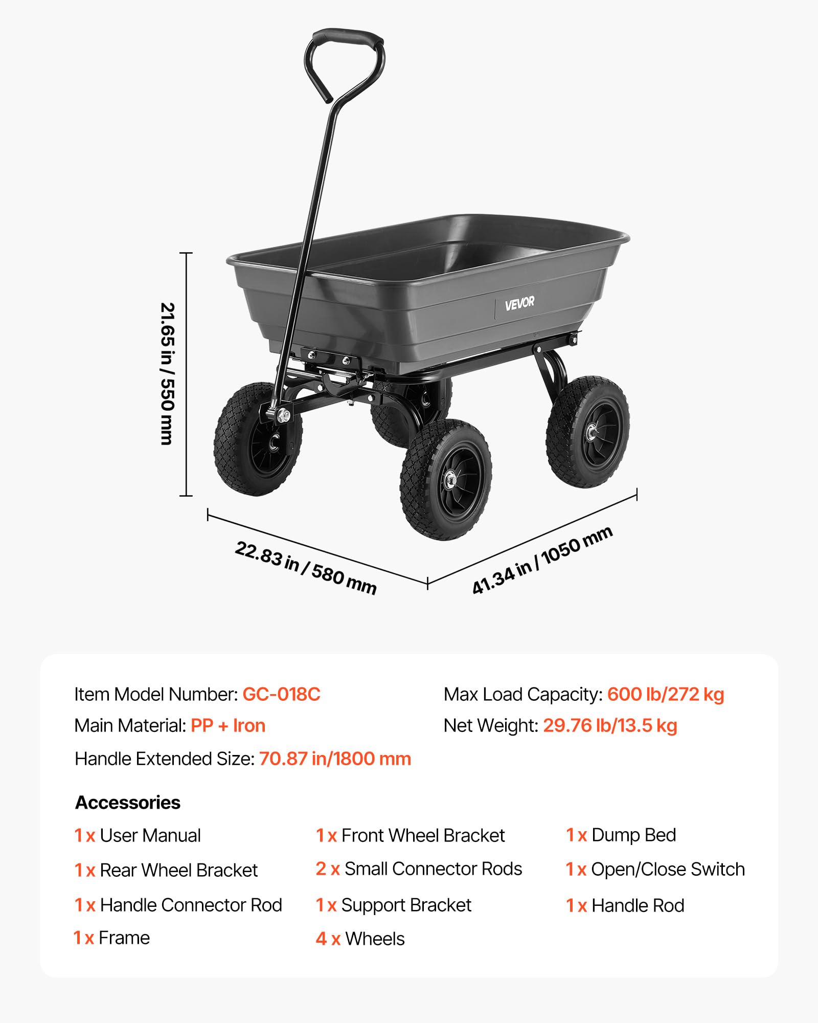VEVOR Chariot de Jardin Basculant Max. 272 kg Chariot à Benne Basculante en PP pour Transport de Bois Plantes Terre, 4 Roues Increvables Pivotantes à 180°, Basculement à 90°, Roulement Rotatif à 270°