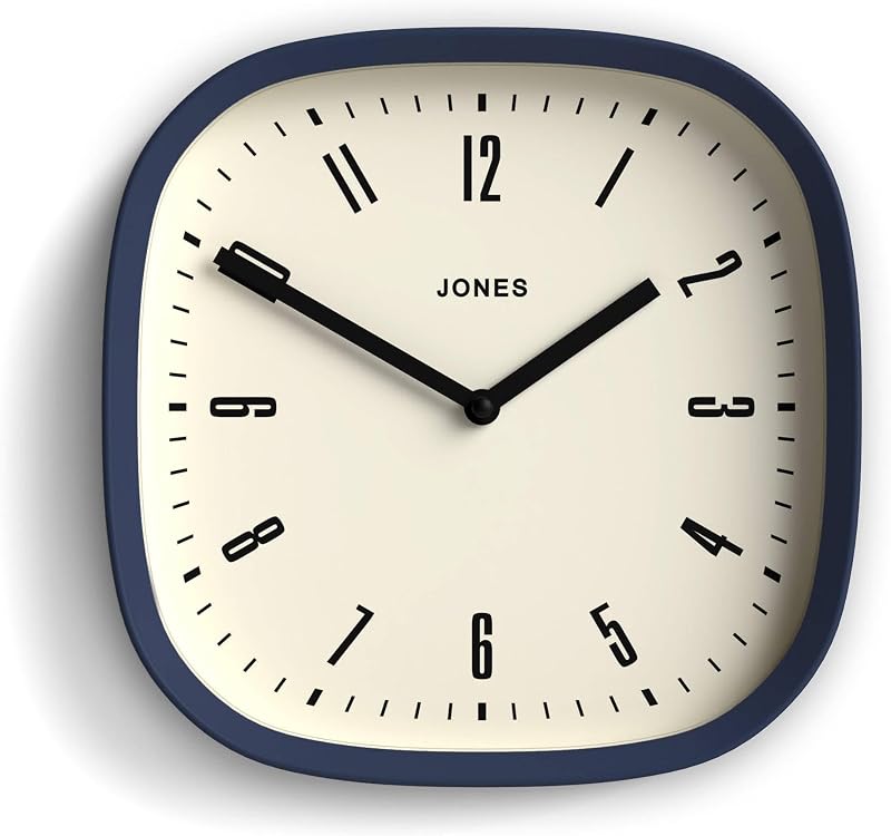 JONES CLOCKS® Reloj de pared Marvel | Reloj cuadrado redondeado retro moderno | 10" | Azul índigo | Aspecto moderno y de diseño para cocina, sala de estar u oficina