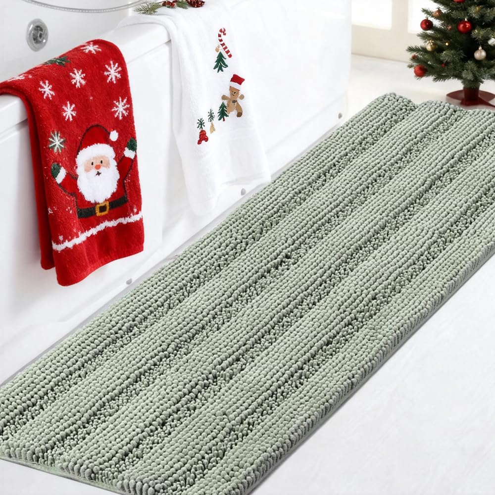 Turquoize Sage Green Bathroom Rugs Runner Extra Long 47 x 17 Large Bath Mat Plush Shaggy Chenille Bathroom Rug Non-Slip Bath Rug Runner Extra Soft & Absorbent Thick Floor Mats, Machine Washable, Sage