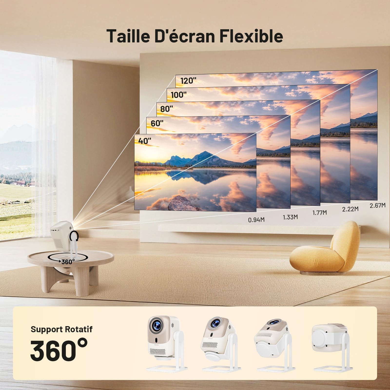 Vidéoprojecteur Portable avec Android OS, Projecteur Natif 1080P Supporté 4K, WiFi 6 Bluetooth 5.2 | 450 ANSI Auto Focus/Keystone, 360°Rotating Retroprojecteur pour PS5/Phone/Extérieur/Home Cinéma
